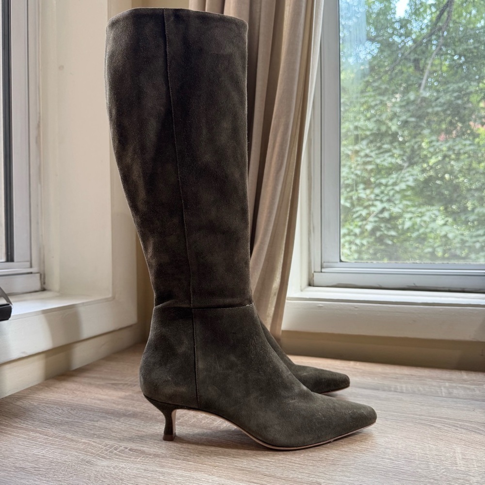 New Reformation Remy Knee High Boot Kitten Heel Tall Suede Leather Green 9